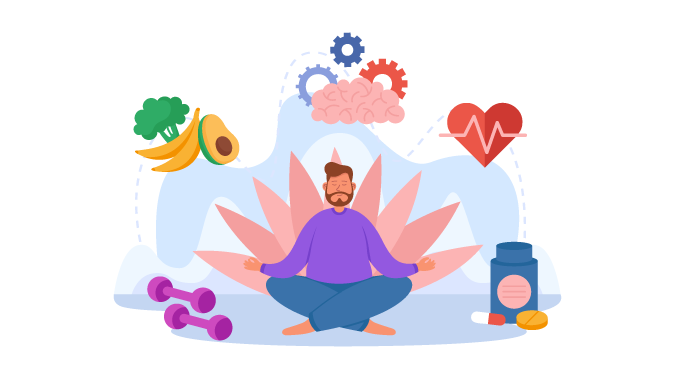 Die Grafik zeigt einen meditierenden Mann. Um ihn herum sind die Elemente Gesundheit, Sport, gesunde Ernährung und Hirnleistung dargestellt.