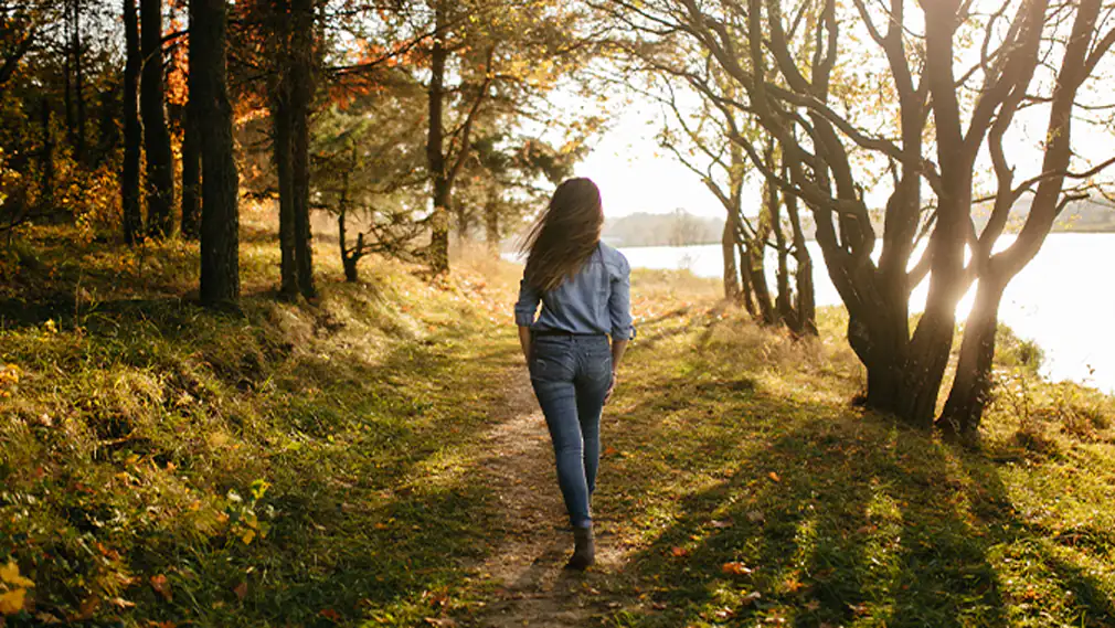 Eine Frau spaziert im Wald bei Sonnenschein