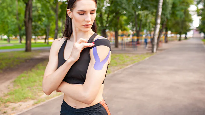 Eine sportlich gekleidete Frau ist draußen in einem Park zu sehen. Auf ihrer Schulter ist lilafarbenes Kinesiotape angebracht, welches sie mit seitlichem Blick anschaut.