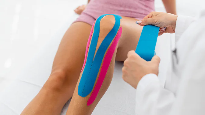 Eine Ärztin oder Physiotherapeutin bringt am Knie einer Frau Kinesiotape in Türkis und Pink an 