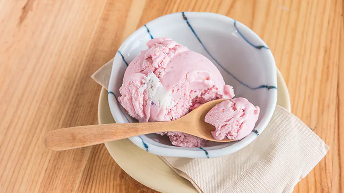 Eine kleine Schale mit selbstgemachtem veganen Erdbeer-Joghurt Eis. Ein kleiner Holzlöffel mit etwas von dem Eis liegt in der Schale.