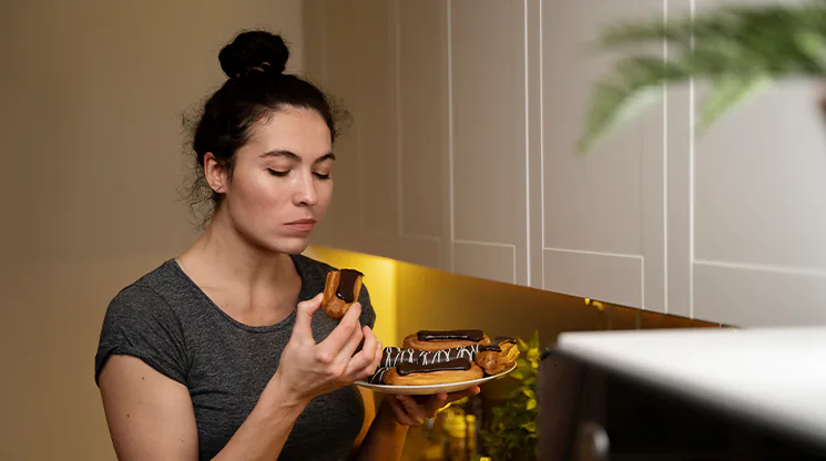 Eine Frau hat einen Teller mit Schoko-Eclairs vor sich und beißt in eines hinein. 