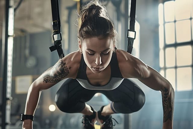 Frau führt Sling Training durch